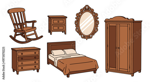 Collection of cartoon-style wooden furniture including a rocking chair, bed, and wardrobe