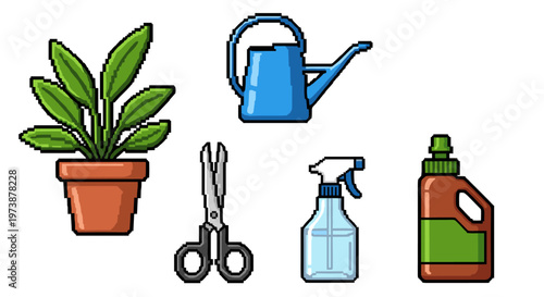 Pixel art collection of gardening tools and a potted plant for digital design