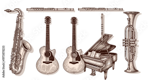 Collection of musical instruments including saxophone, guitars, piano, flutes, and trumpet