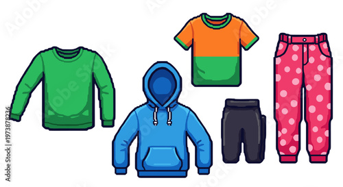 Collection of casual clothing items for everyday wear and comfort