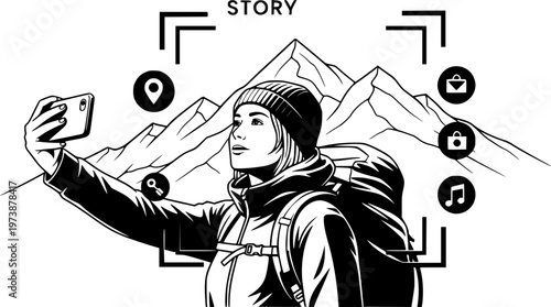 Hiker Taking Selfie for Social Media Story Vector, Outdoor Adventure and Travel Content Creator Illustration