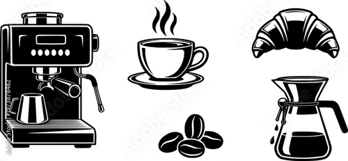Collection of coffee and pastry icons including espresso machine, coffee cup, croissant, beans, and pour over
