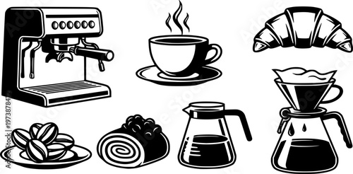 Collection of coffee and pastry icons including espresso machine, coffee cup, croissant, beans, and pour over
