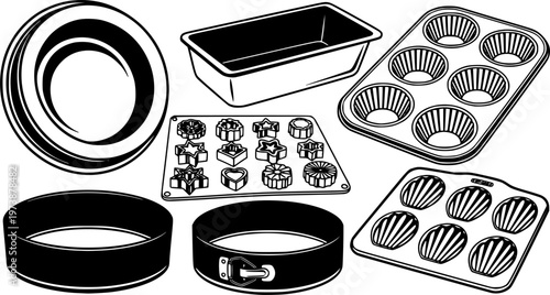 Collection of baking molds and pans for cakes, chocolates, and desserts
