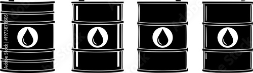 Set of 4 Black Oil Barrel Icons Vector Illustration with Petroleum Drop Symbol for Energy Industry and Fuel Storage
