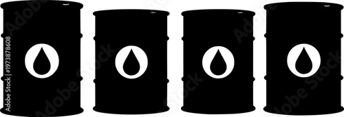Set of 4 Black Oil Barrel Icons Vector Illustration with Petroleum Drop Symbol for Energy Industry and Fuel Storage
