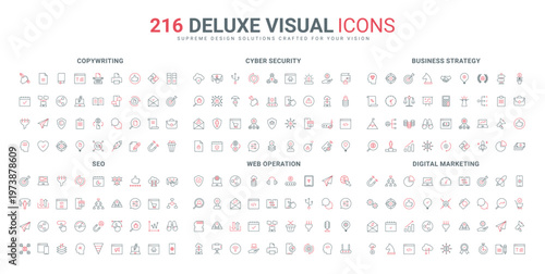 SEO, marketing promotion of store, web app, online security of operation line icon set. Skills and typewriter, authors pen to write and edit text thin black and red outline symbols vector illustration