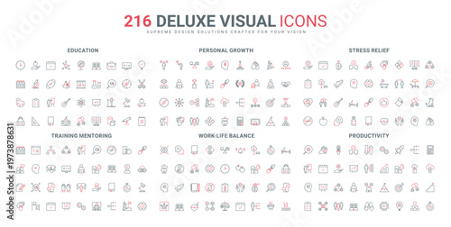 Education, productive training process and mentor help, student knowledge and personal growth line icon set. Work life balance, stress relief thin black and red outline symbols vector illustration