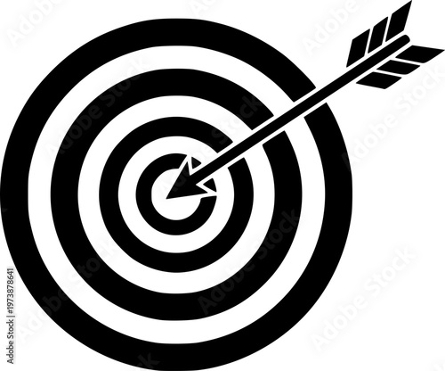 Target icon with arrow in center symbolizing goal, focus and accuracy. Bullseye pictogram for success, achievement, strategy and direction. Ideal for planning, performance, and business goals concept.