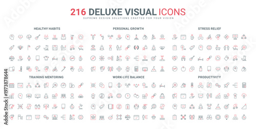 Personal growth, productivity and achievement, business training line icon set. Habits for daily life, food and sleep, stress relief and help thin black and red outline symbols vector illustration