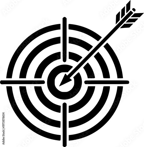 Target icon with arrow in center symbolizing goal, focus and accuracy. Bullseye pictogram for success, achievement, strategy and direction. Ideal for planning, performance, and business goals concept.