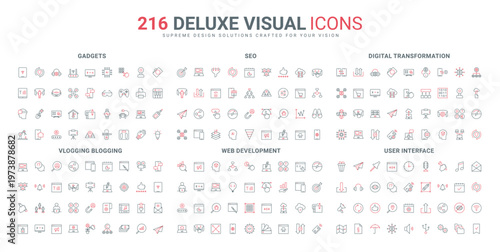 Web development and code testing, SEO line icon set. Search for blogger, designer and content creation, smart gadgets and digital services thin black and red outline symbols vector illustration