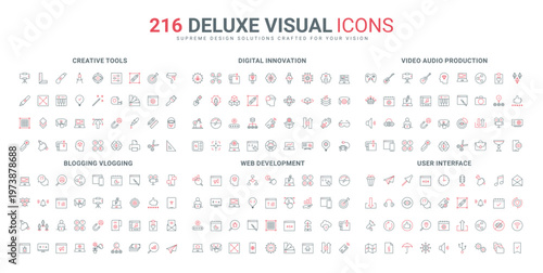 Smart innovation, marketing filters, blogger article, UI line icon set. Code security from bug and hacker, creative tool of vlogging and blogging thin black and red outline symbols vector illustration
