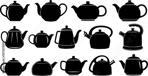 Set of teapot and kettle silhouettes in various styles, classic and modern tea vessels, kitchenware vector illustration isolated on white
