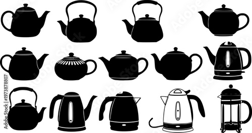 Set of teapot and kettle silhouettes in various styles, classic and modern tea vessels, kitchenware vector illustration isolated on white
