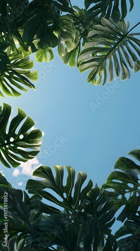 Vibrant Green Monstera Leaves Against a Bright Blue Sky with Sun Dappled Highlights