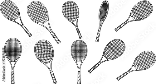 Set of tennis racket vector illustrations in black outline style, isolated sports equipment collection, hand drawn design elements for logo, print, and branding 