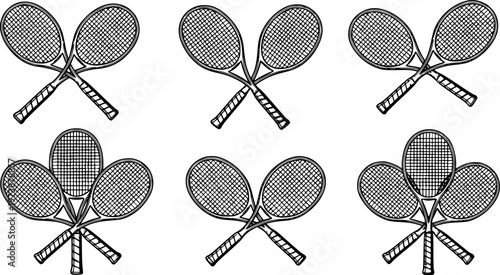 Set of tennis racket vector illustrations in black outline style, isolated sports equipment collection, hand drawn design elements for logo, print, and branding 