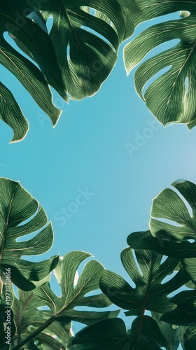 Vibrant Green Monstera Leaves Against a Clear Blue Sky with Sunlight Filtering Through