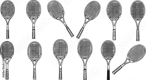 Set of tennis racket vector illustrations in black outline style, isolated sports equipment collection, hand drawn design elements for logo, print, and branding 