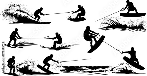 Set of Water Skiers and Wakeboarders Silhouettes Showing Dynamic Action Poses, Jumps, and Tricks for Extreme Water Sports and Summer Recreation Vector Illustration