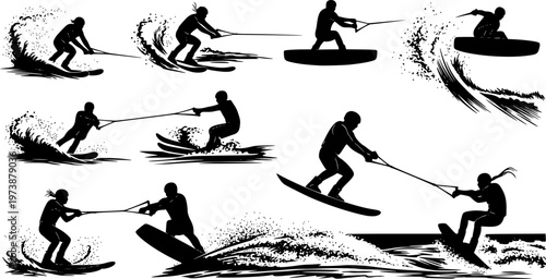Set of Water Skiers and Wakeboarders Silhouettes Showing Dynamic Action Poses, Jumps, and Tricks for Extreme Water Sports and Summer Recreation Vector Illustration