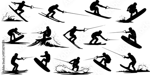 Set of Water Skiers and Wakeboarders Silhouettes Showing Dynamic Action Poses, Jumps, and Tricks for Extreme Water Sports and Summer Recreation Vector Illustration
