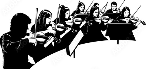 Silhouette vector illustration of musicians playing violins in orchestra performance, classical music concert group, string ensemble artwork for design and educational projects. See Less
