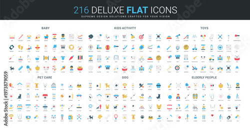 Comprehensive flat icon collection showing baby essentials, kids activities, toys, pet care, dog supplies, and elderly people needs, covering daily life and care themes isolated vector illustration