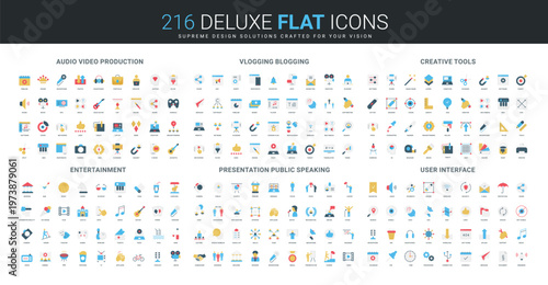 Comprehensive flat icon collection covers audio video production, vlogging, blogging, creative tools, entertainment, presentations, user interface concepts isolated vector illustration