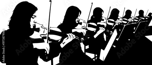 Silhouette vector illustration of musicians playing violins in orchestra performance, classical music concert group, string ensemble artwork for design and educational projects. See Less

