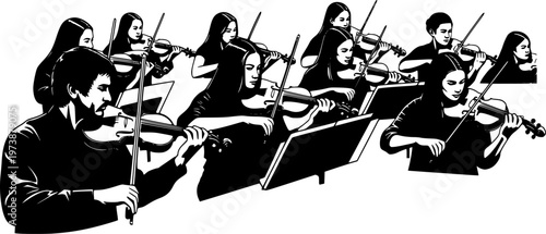 Silhouette vector illustration of musicians playing violins in orchestra performance, classical music concert group, string ensemble artwork for design and educational projects. See Less
