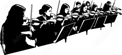 Silhouette vector illustration of musicians playing violins in orchestra performance, classical music concert group, string ensemble artwork for design and educational projects. See Less
