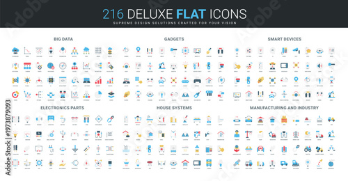 Flat icon collection covering big data analytics, modern gadgets, smart devices, electronic components, home automation systems, manufacturing and industrial technology isolated vector illustration
