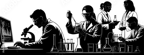Silhouette vector illustration of scientists working in laboratory, researchers conducting experiments, analyzing samples, and using microscope for scientific research and innovation See Less
