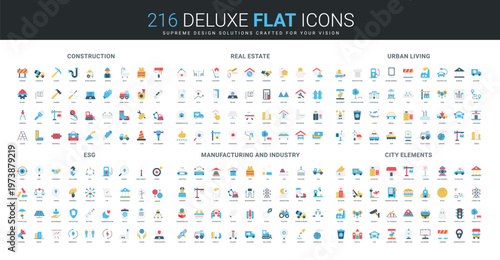 Comprehensive flat icon collection covering construction, real estate, urban living, ESG, manufacturing, city elements, representing modern infrastructure and development isolated vector illustration