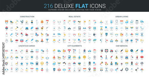 Comprehensive flat icon collection covers construction, real estate, urban living, logistics, city elements, car service themes, modern design, diverse elements, isolated vector illustration