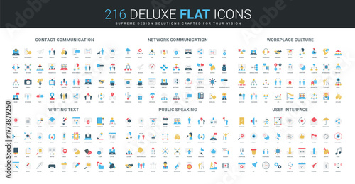 Comprehensive flat icon collection covering contact, network, workplace culture, writing, public speaking, and user interface concepts, modern style, isolated vector illustration