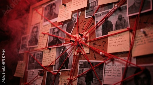 Detective investigation corkboard with red string connecting evidence