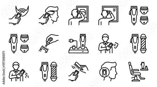 Line Art Barber Shop Icon Set Vector Featuring Haircut Process Hair Clippers Attachments Maintenance and Salon Tools