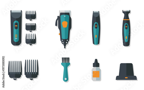 Flat Design Electric Hair Clippers and Trimmers Set Vector Illustration with Attachment Guards Cleaning Brush Oil Bottle and Charging Stand for Barber