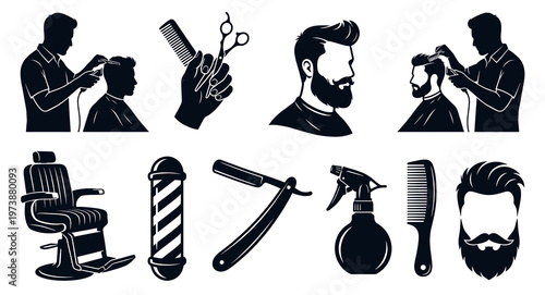 Silhouette Barber Shop Icon Set Vector Design Featuring Hairdresser Using Clippers Classic Chair Pole Straight Razor Scissors Comb and Bearded Man
