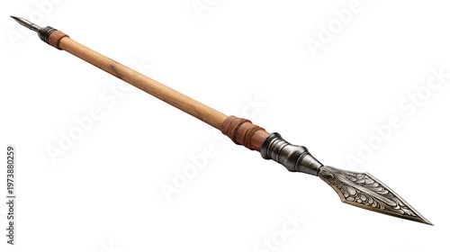 
Medieval spear with wooden shaft and metal tip, isolated on a white background