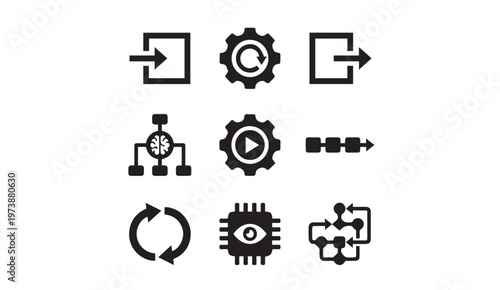 Set of icons illustrating system entry exit processing and automation