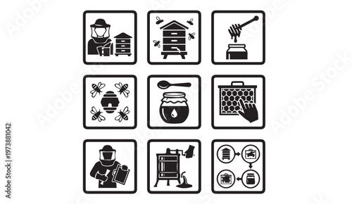 Beekeeping and honey production icons set with apiary equipment, beekeeping suit