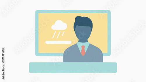 Flat vector illustration of a news reporter presenting weather forecast, suitable for news websites, broadcast graphics, or educational content.