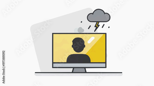 Flat vector illustration of a computer monitor displaying a user profile with a storm cloud, suitable for cybersecurity articles or privacy concerns.