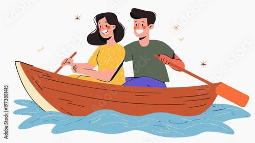 Flat vector illustration of a happy couple rowing a boat on water, suitable for romantic themes, travel blogs, or outdoor activity promotions.