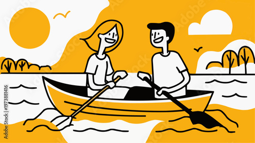 Flat vector illustration of a happy couple rowing a boat on a lake, perfect for travel blogs, relationship articles, or summer activity promotions.