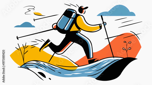 Flat vector illustration of an excited person hiking with trekking poles, suitable for outdoor adventure blogs, travel promotions, or fitness advertisements.